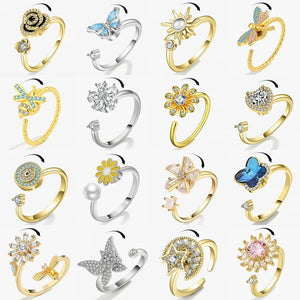 Bagues Spinner Rotatives Fleur Abeille en Cristal Argent Ajustables - bague femme GoHappy