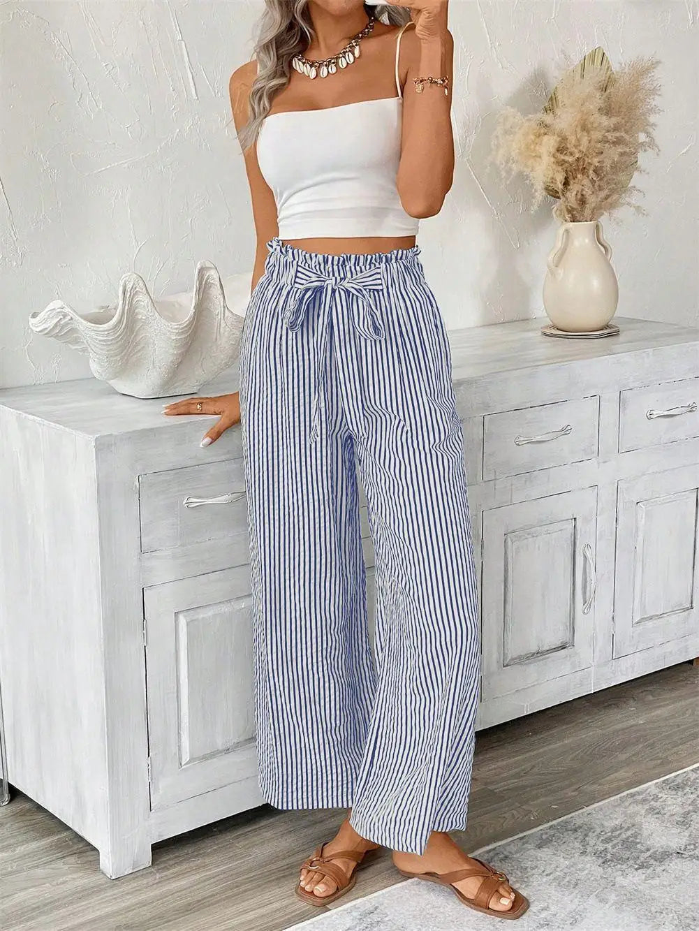 Pantalon Large Rayures Femme Taille Haute Fluide Bohème