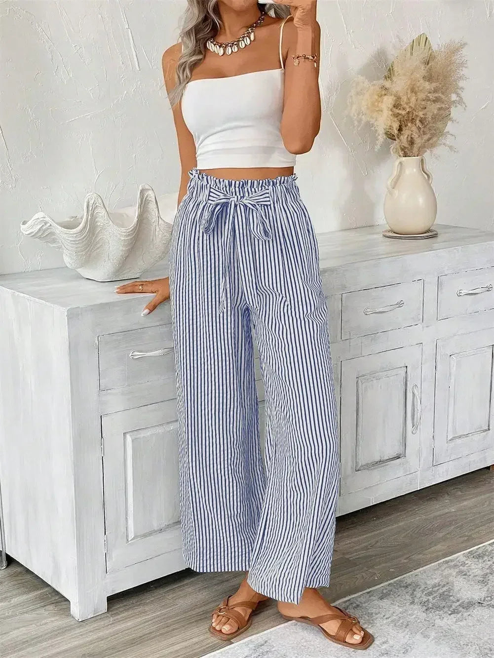 Pantalon Large Rayures Femme Taille Haute Fluide Bohème - pantalons larges GoHappy
