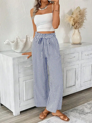 Pantalon Large Rayures Femme Taille Haute Fluide Bohème - pantalons larges GoHappy