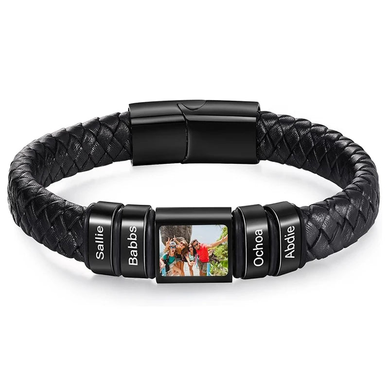 Bracelet en Cuir Homme Personnalisé Photo Famille Prénoms Gravés