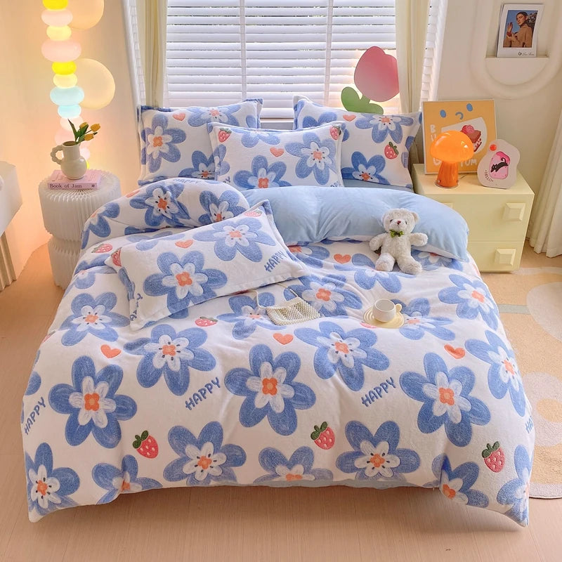 Housse Couette Flanelle Florale Hiver Douce Chaude 150-220cm