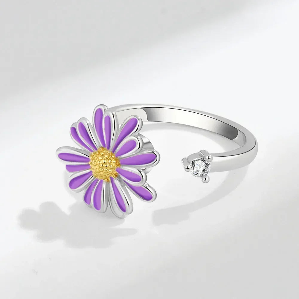 Bagues Spinner Rotatives Fleur Abeille en Cristal Argent Ajustables - bague femme GoHappy