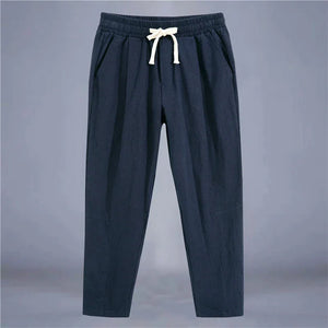 pantalon homme lin bleu marine taille élastique cordon vêtements confortables GoHappy France