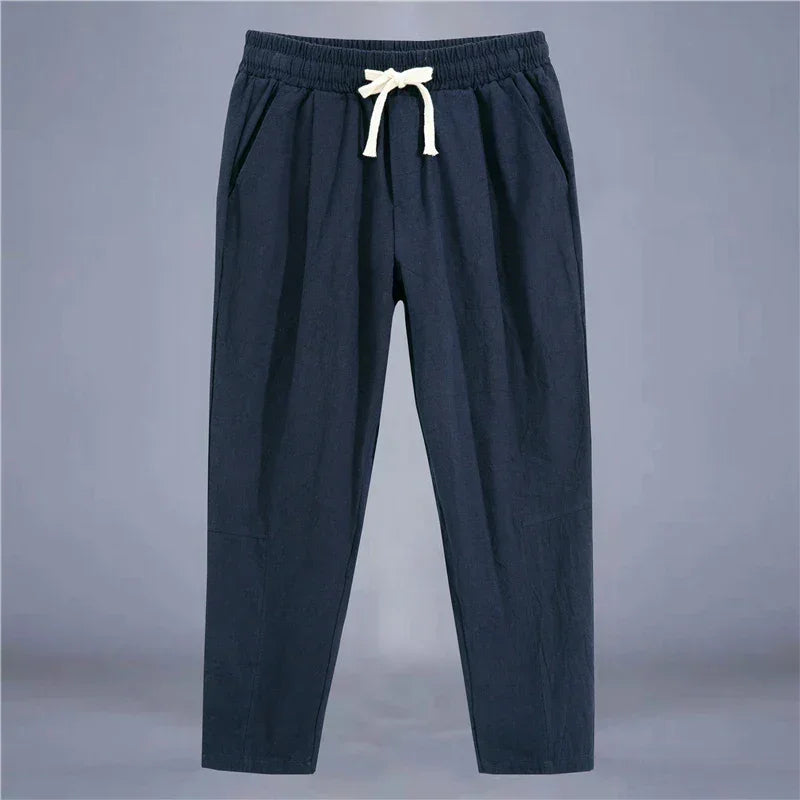 pantalon homme lin bleu marine taille élastique cordon vêtements confortables GoHappy France