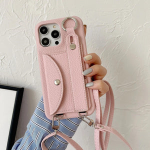 Coque Bandoulière iPhone en Cuir PU avec Porte-cartes et Sangle - coque pour smartphone GoHappy