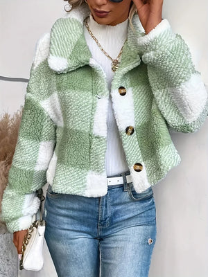 Manteau Court Teddy Femme Carreaux Chaud Automne Hiver Casual - manteau femme GoHappy