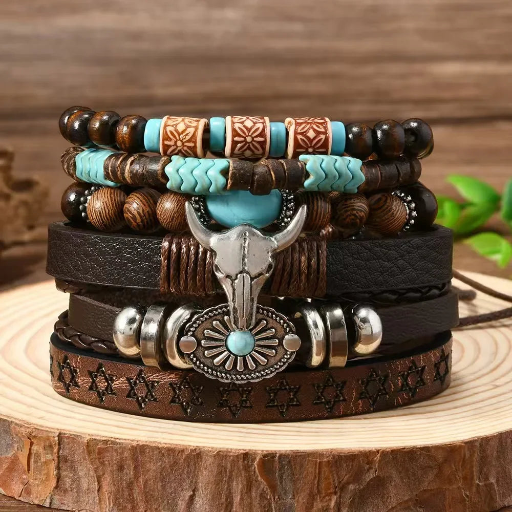 Bracelets ethniques en cuir et perles – Lot de 5 à 6 pièces – Style bohème et spirituel