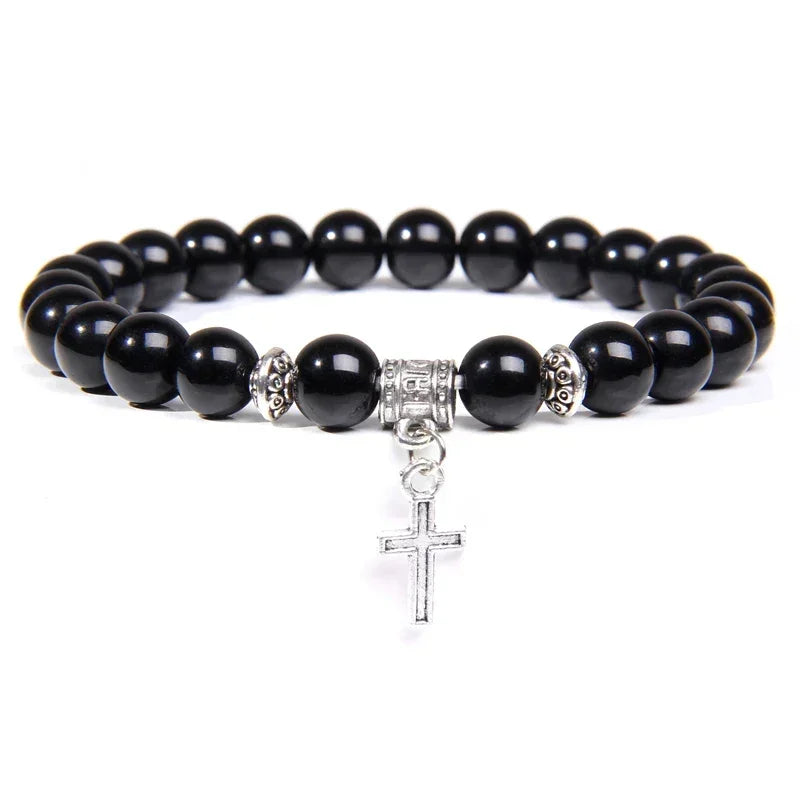 Bracelet Perles Croix Argent Pierre Naturelle Vertus Spirituel - Bracelets GoHappy