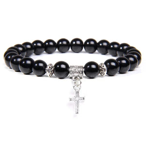 Bracelet Perles Croix Argent Pierre Naturelle Vertus Spirituel - Bracelets GoHappy