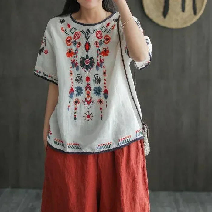 Haut bohème ethnique brodé en coton lin - t-shirt femme GoHappy