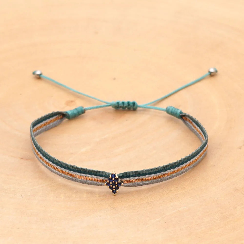 Bracelet Amitié Femme Coton Fin - Charm Cœur Strass Ajustable