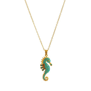 collier hippocampe doré turquoise bijou tendance été cadeau femme GoHappy.fr