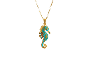 collier hippocampe doré turquoise pierres fines bijou tendance cadeau femme GoHappy.fr