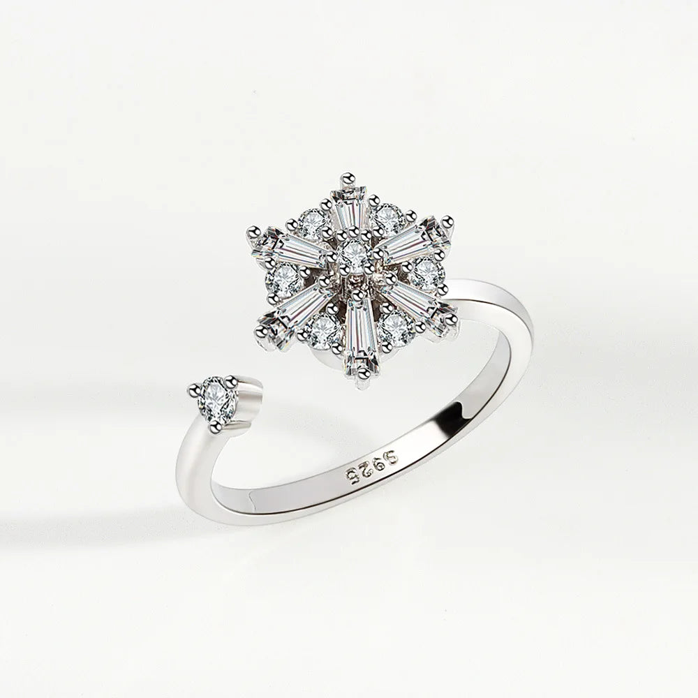 Bagues Spinner Rotatives Fleur Abeille en Cristal Argent Ajustables