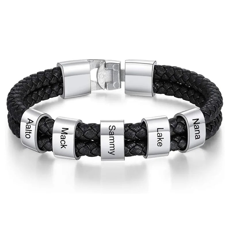 Bracelets Cuir Acier Personnalisé Gravure Prénoms Famille