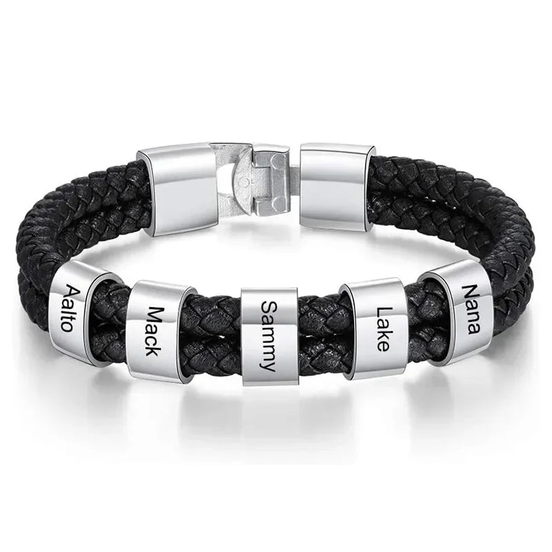 Bracelets Cuir Acier Personnalisé Gravure Prénoms Famille - bracelets personnalisables GoHappy