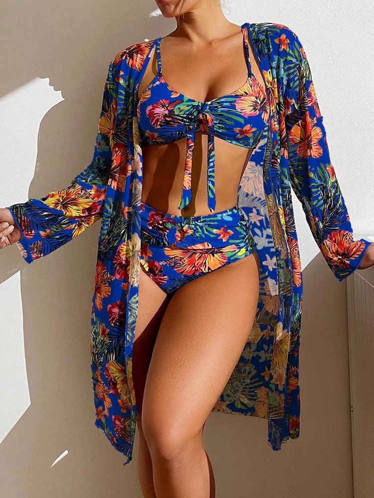 Maillot 3 pièces floral femme, taille haute, avec blouse légère
