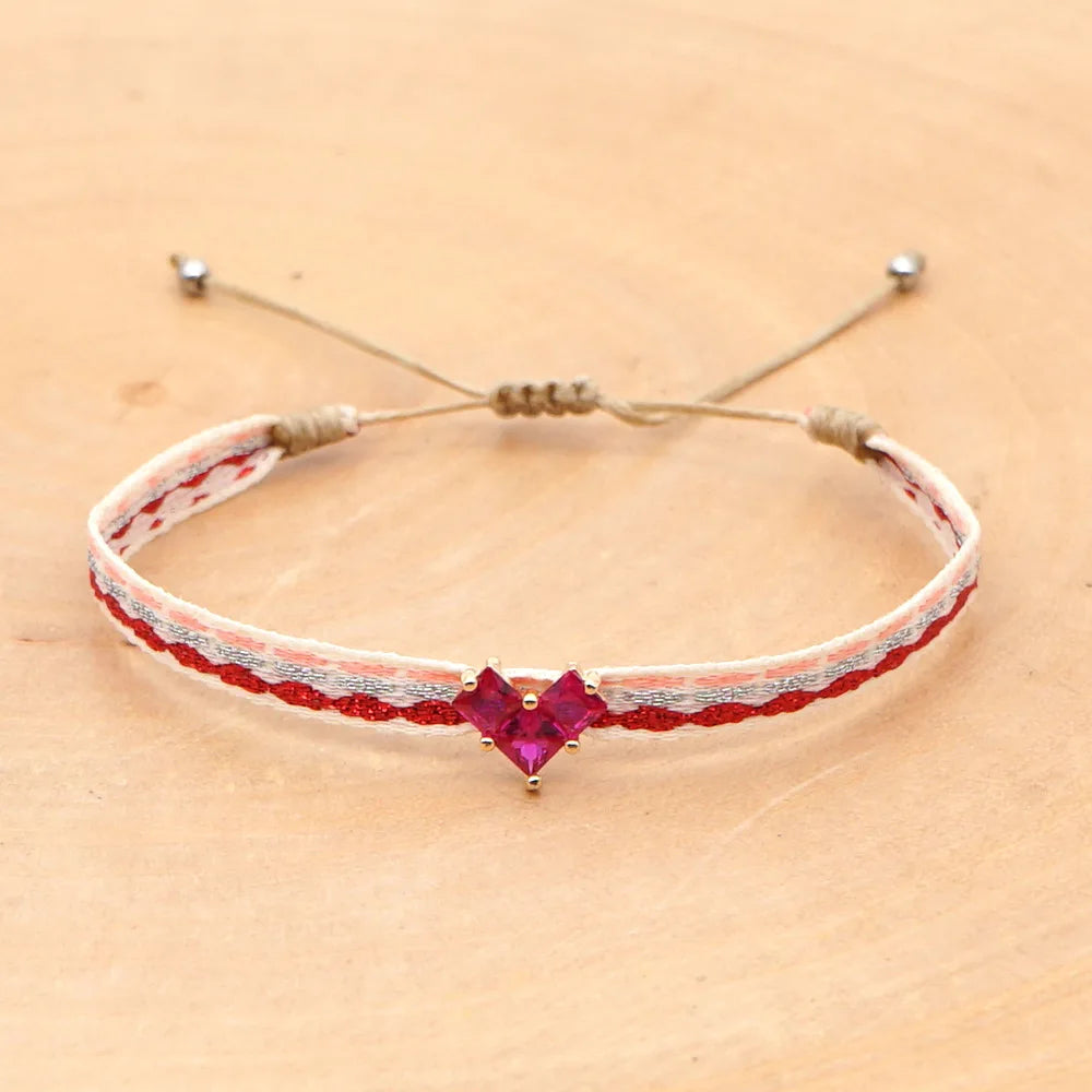 Bracelet Amitié Femme Coton Fin - Charm Cœur Strass Ajustable