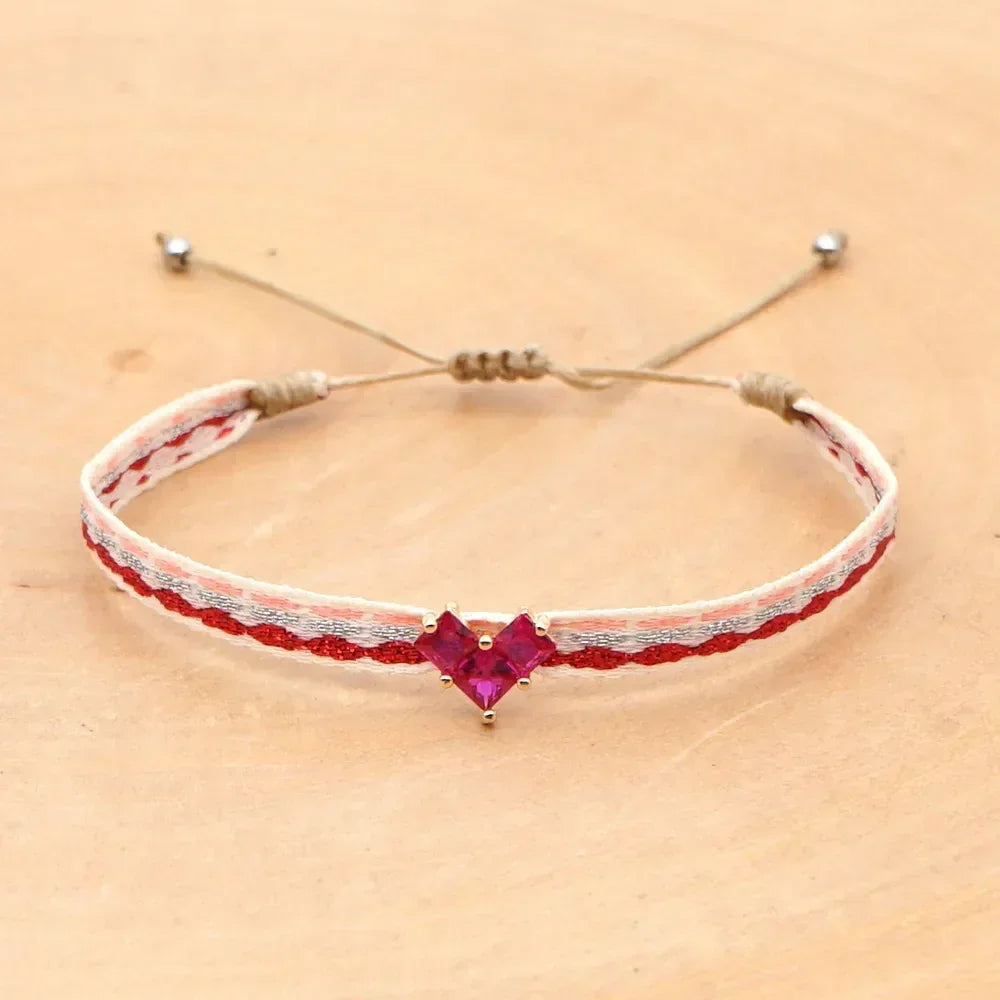 Bracelet Amitié Femme Coton Fin - Charm Cœur Strass Ajustable - bracelets femme cordon GoHappy