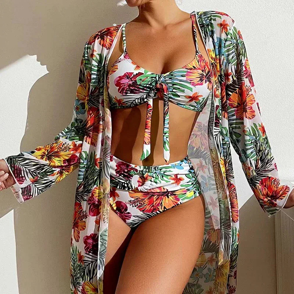 Maillot 3 pièces floral femme, taille haute, avec blouse légère - maillot de bain GoHappy