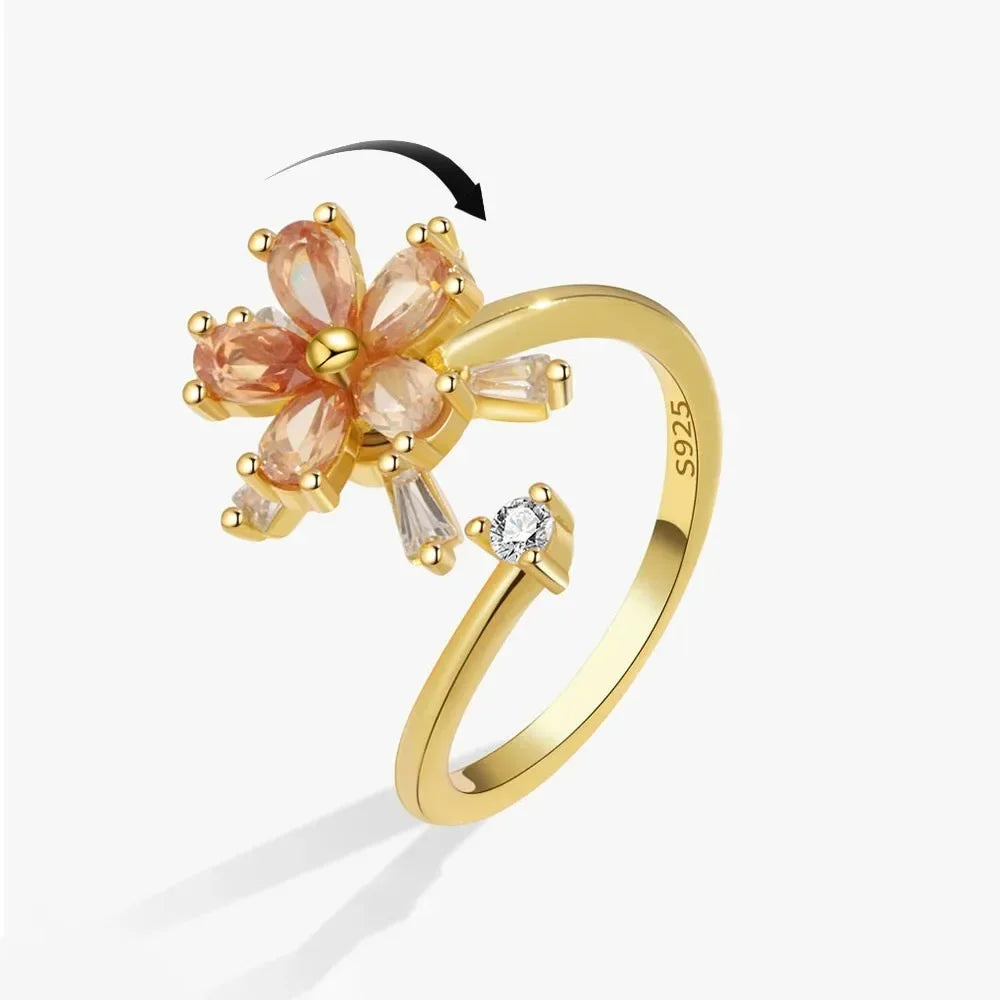 Bagues Spinner Rotatives Fleur Abeille en Cristal Argent Ajustables - bague femme GoHappy