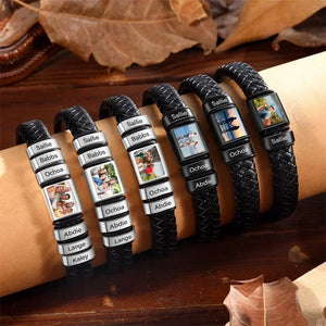 Bracelet en Cuir Homme Personnalisé Photo Famille Prénoms Gravés - bracelet prénoms homme GoHappy