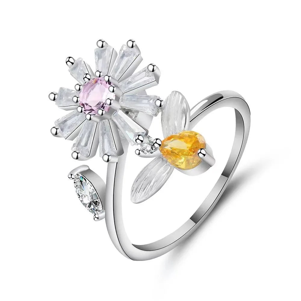 Bagues Spinner Rotatives Fleur Abeille en Cristal Argent Ajustables