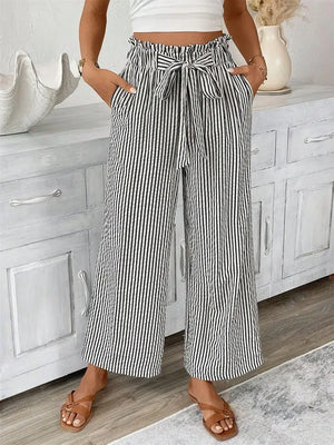 Pantalon Large Rayures Femme Taille Haute Fluide Bohème - pantalons larges GoHappy