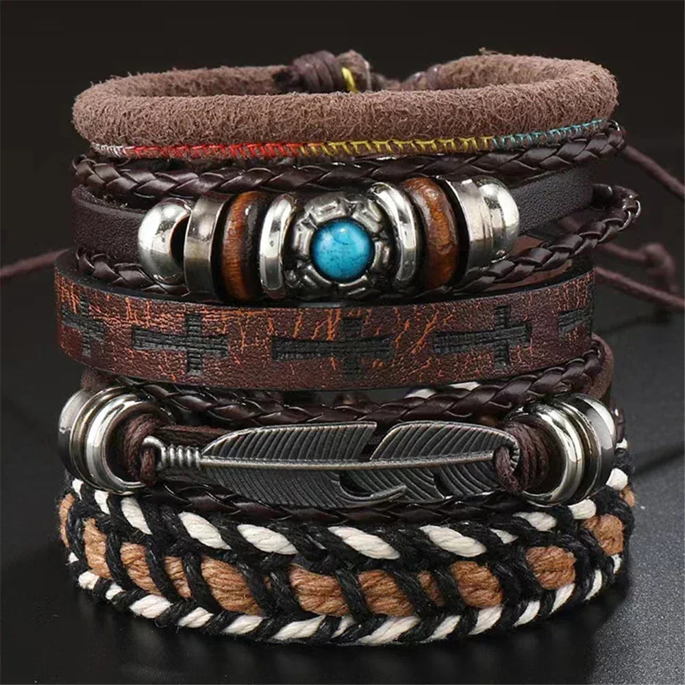 Bracelets ethniques en cuir et perles – Lot de 5 à 6 pièces – Style bohème et spirituel - bracelets cuir et pierres GoHappy