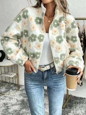 Bloom Days veste femme fleurie Vert Sauge vert et écru polyester zip col montant manches longues GoHappy France