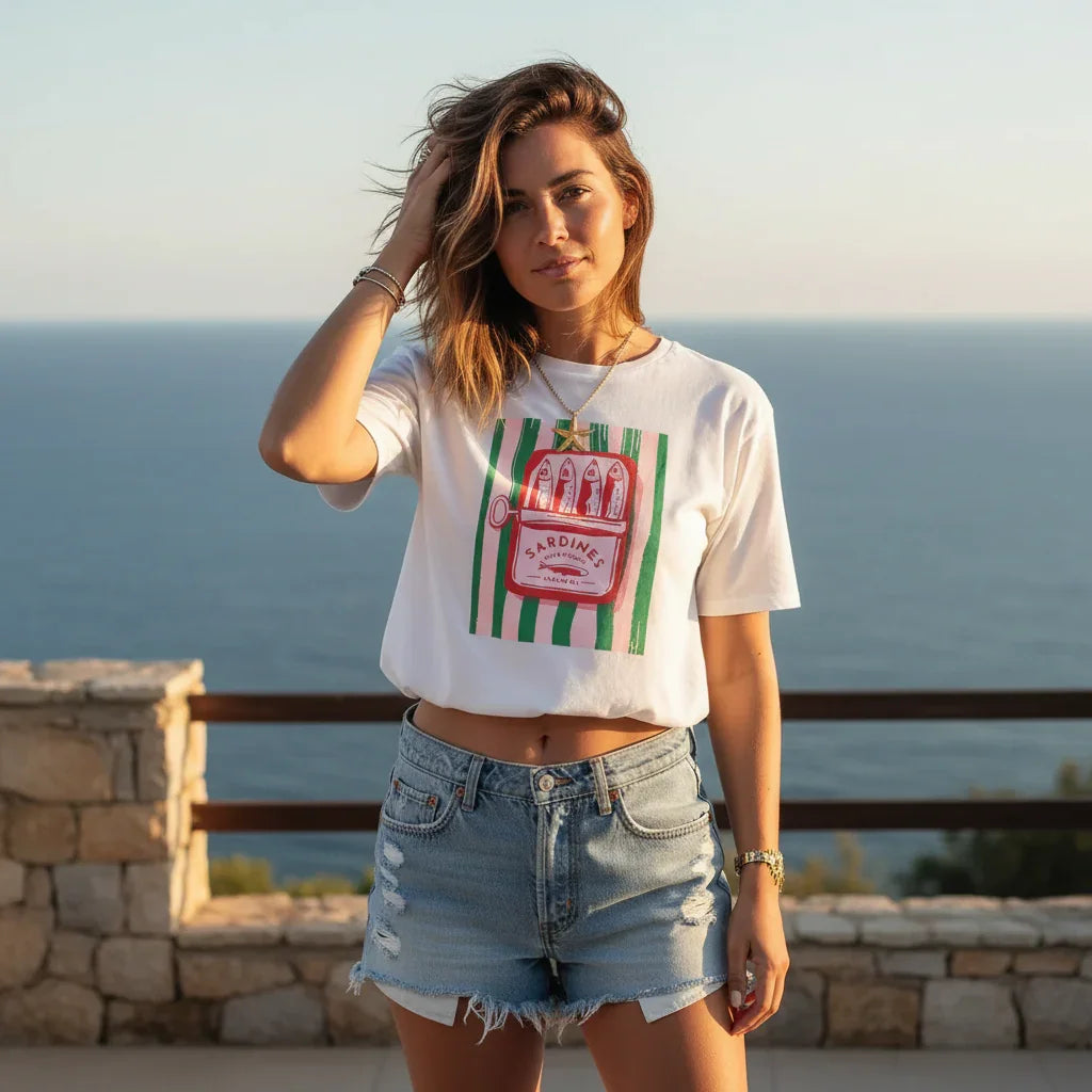 T-shirt Femme Imprimé Sardines Y2K Style Vintage Streetwear Coton - T-Shirt Coton GoHappy