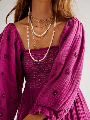 Robe Longue Bohème Trapèze à Volants et Fleurs Brodées - Robe GoHappy