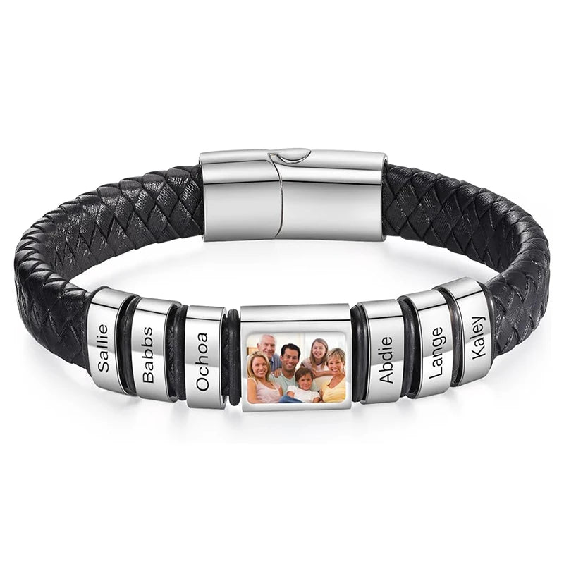 Bracelet en Cuir Homme Personnalisé Photo Famille Prénoms Gravés