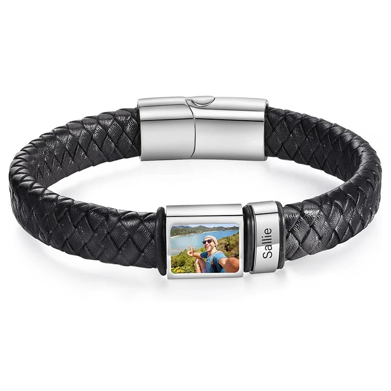 Bracelet en Cuir Homme Personnalisé Photo Famille Prénoms Gravés
