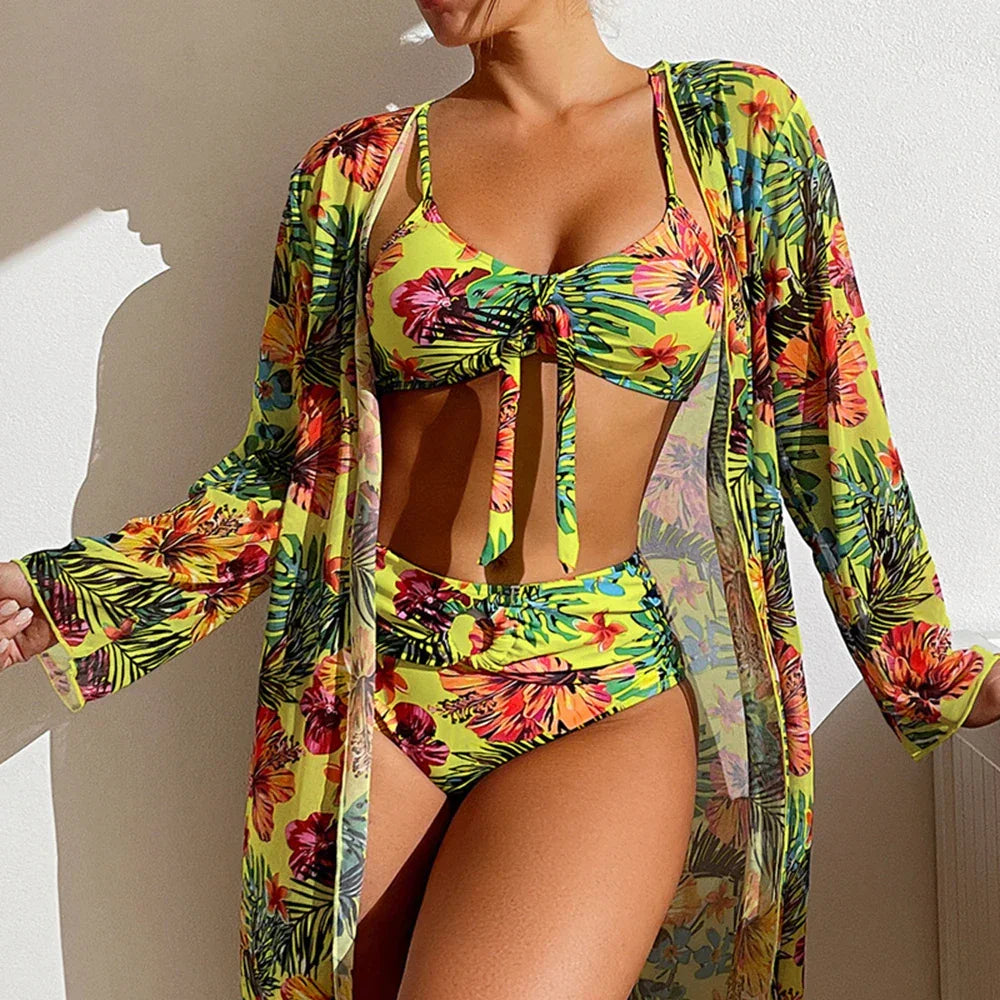 Maillot 3 pièces floral femme, taille haute, avec blouse légère