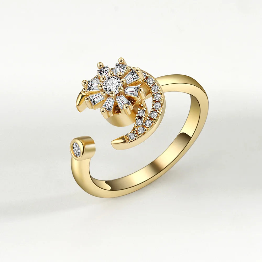 Bagues Spinner Rotatives Fleur Abeille en Cristal Argent Ajustables