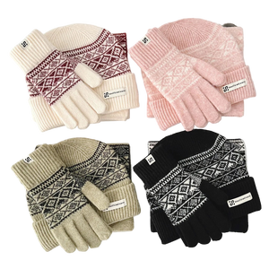 Ensemble 3 Pièces Écharpe Bonnet Gants Femme Laine Hiver Chaud