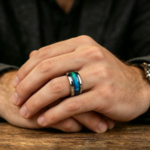 bague homme acier inoxydable incrustation abalone bleu vert design moderne GoHappy.fr