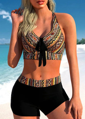 maillot de bain deux pièces imprimé ethnique haut noué bas noir taille haute GoHappy.fr