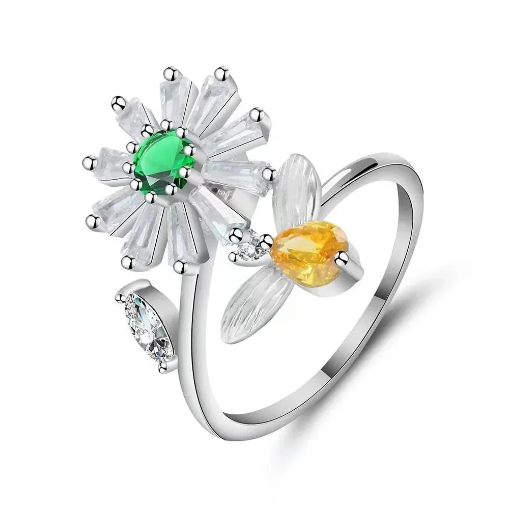 Bagues Spinner Rotatives Fleur Abeille en Cristal Argent Ajustables - bague femme GoHappy