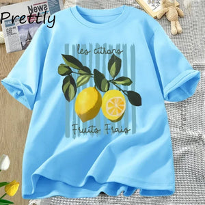 tshirt bleu imprimé citrons frais coton décontracté été femme GoHappy.fr