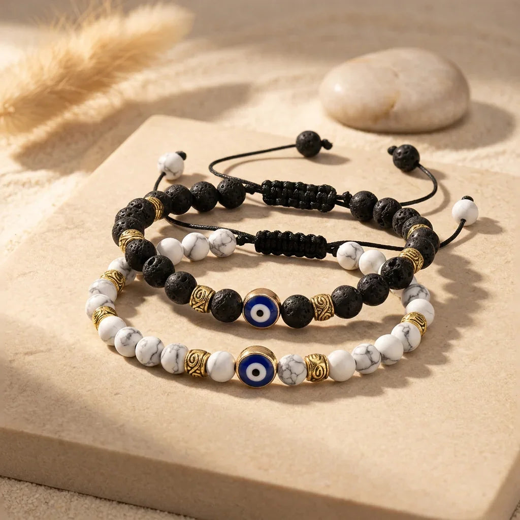 bracelet perles lave œil protecteur bleu et blanc bijou bohème GoHappy.fr