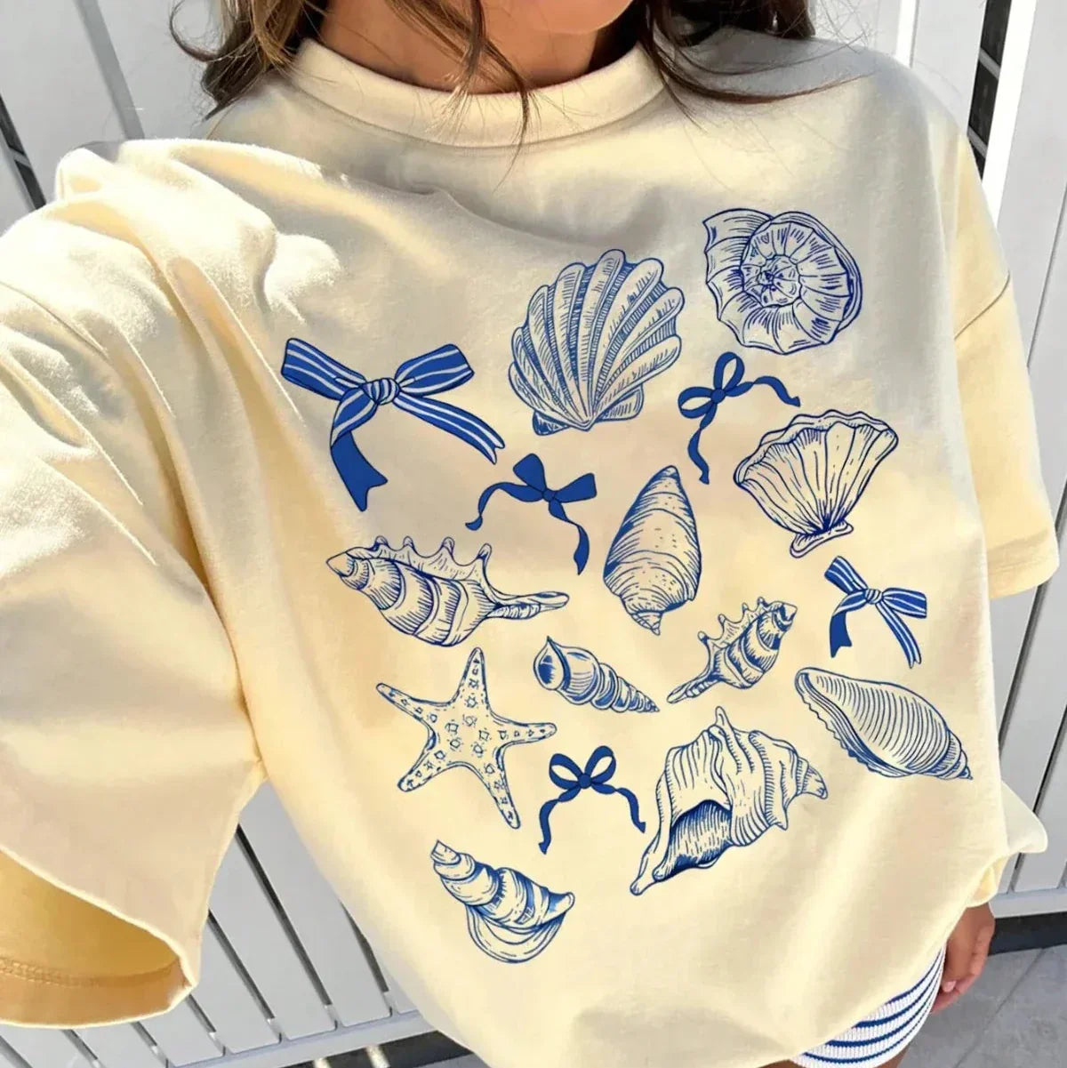 T-shirt Coquillages Noeuds Femme Marin Vintage Y2K Oversize Coton - T-Shirts GoHappy