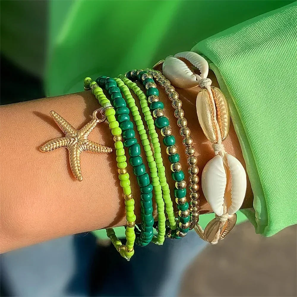 Set Bracelets Coquillage Perles Riz Étoile Mer Bohème Fait Main - Bracelets GoHappy