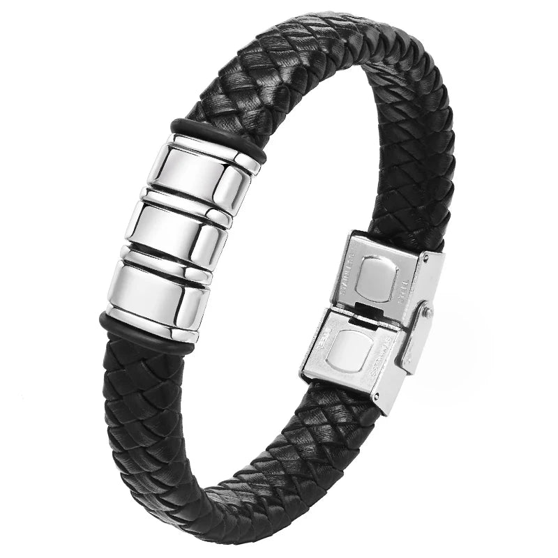 Bracelet Masculin Cuir Tressé - Fermoir Acier Gravé Prénoms