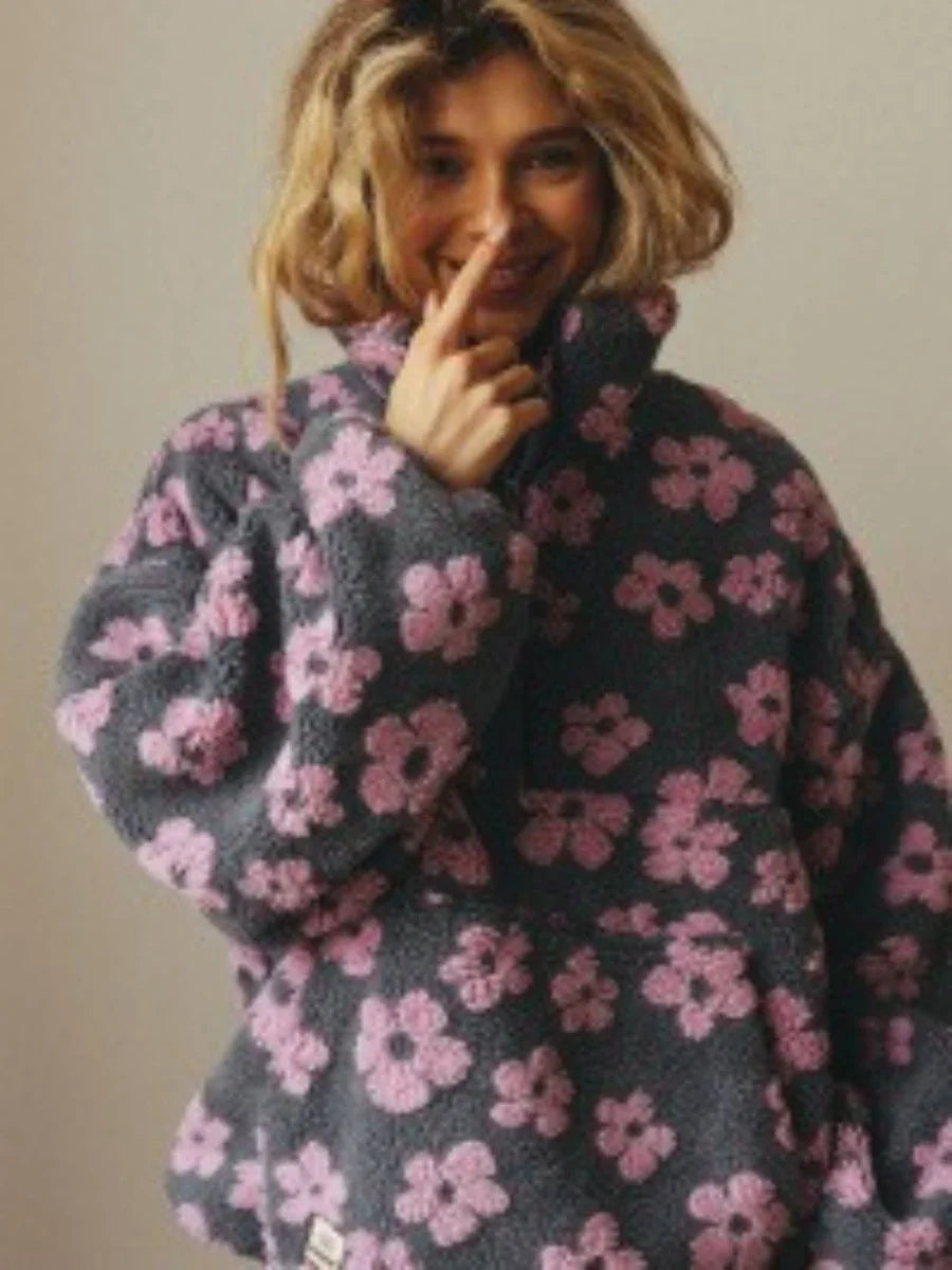 Pull Sweat Sherpa Fleurs Femme Doux Chaud Ample Style Cocooning