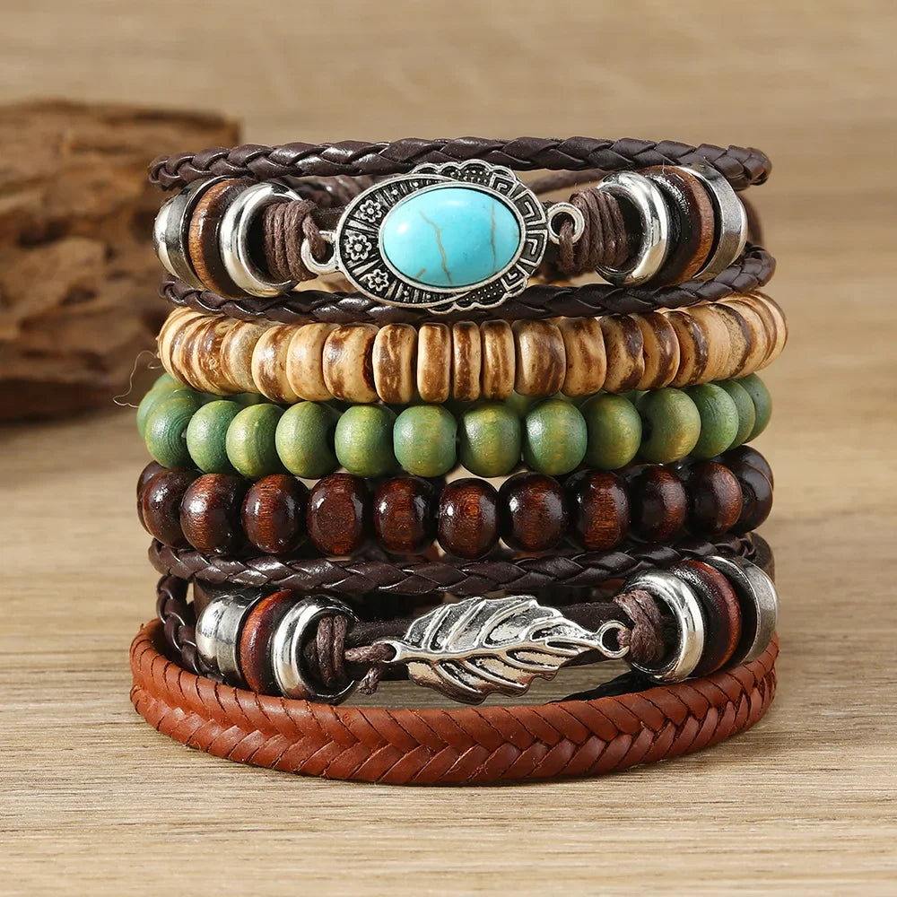 Bracelets ethniques en cuir et perles – Lot de 5 à 6 pièces – Style bohème et spirituel