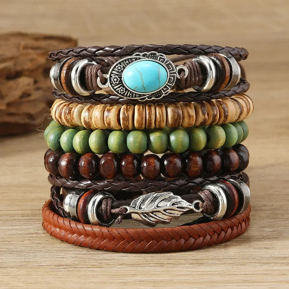 Bracelets ethniques en cuir et perles – Lot de 5 à 6 pièces – Style bohème et spirituel - bracelets cuir et pierres GoHappy