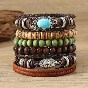 Bracelets ethniques en cuir et perles – Lot de 5 à 6 pièces – Style bohème et spirituel - bracelets cuir et pierres GoHappy